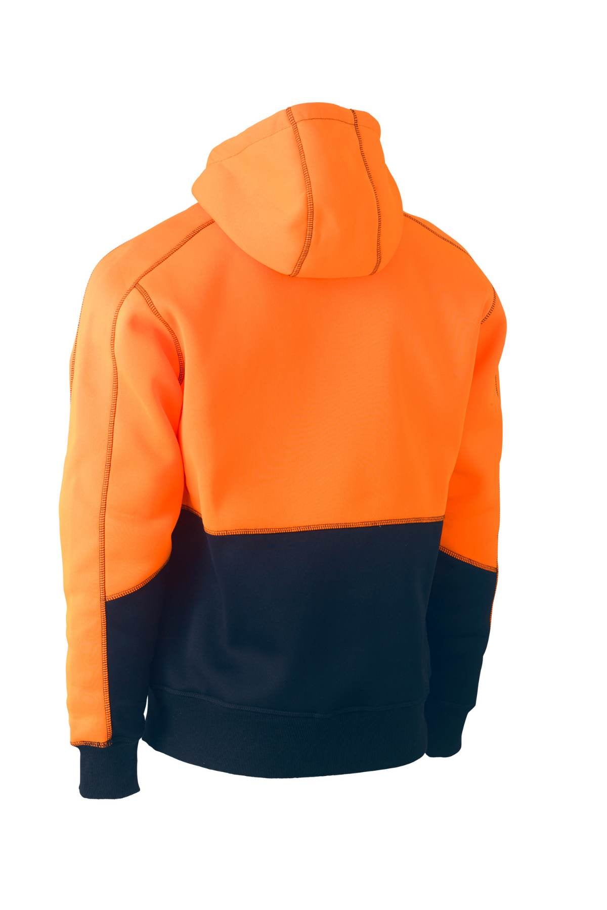 The Bisley Hi Vis Fleece Hoodie Pullover showcases a fashionable two-toned design with an orange top and a black bottom, complete with long sleeves and a hood, viewed from the back. Crafted from polyester fabric, it offers a soft and comfortable feel along with fleece lining for enhanced warmth.