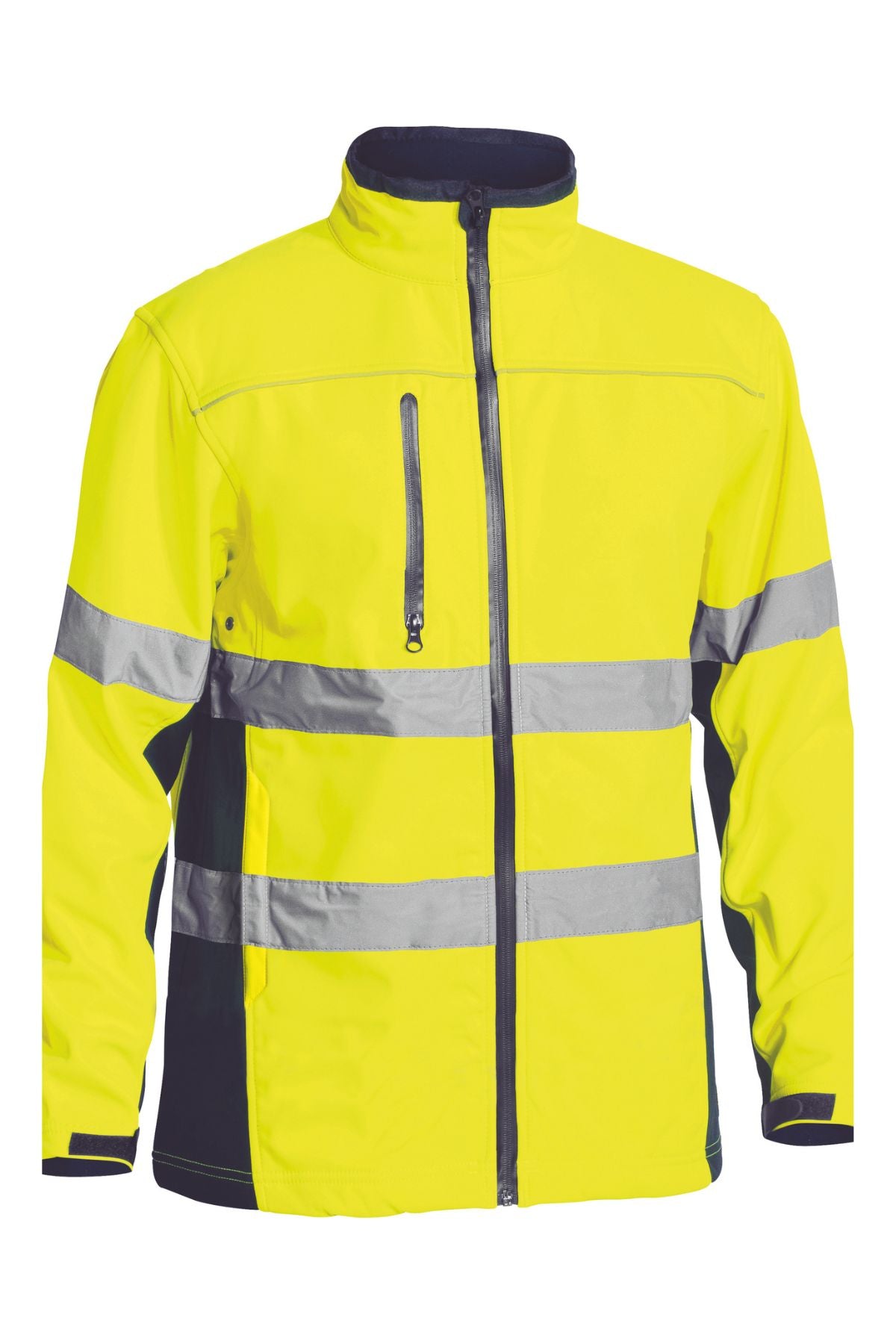 Introducing the Bisley Hi Vis Soft Shell Taped Jacket: a vibrant yellow, water-resistant jacket featuring reflective silver tape across the chest and arms. This jacket offers comfort with a front zipper, a zippered chest pocket, and is designed with a black collar and sides.
