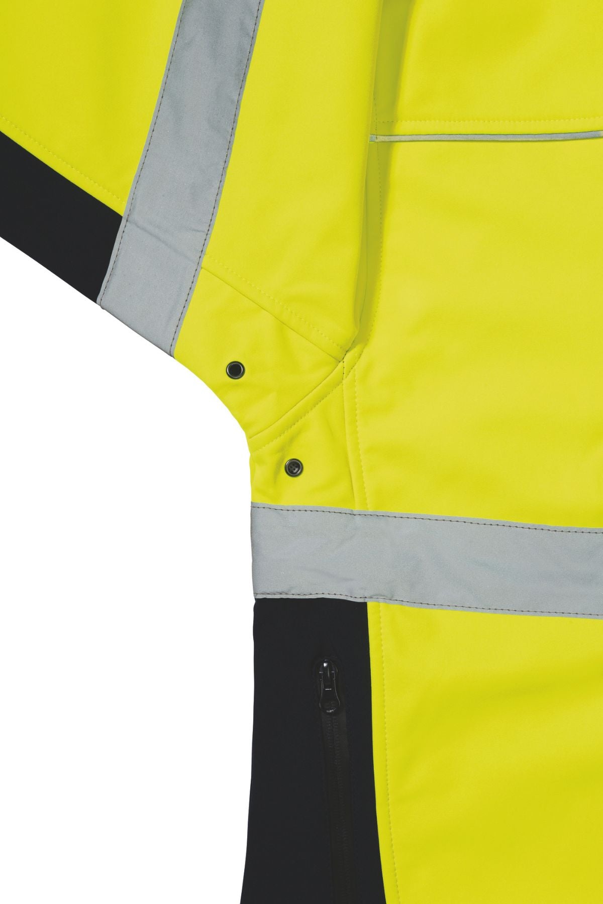 A close-up of the Bisley Hi Vis Soft Shell Taped Jacket, featuring a vibrant yellow color with silver reflective taping and black fabric trim. The water-resistant and comfortable jacket highlights a portion of the sleeve and torso, showcasing visible stitching and buttons.