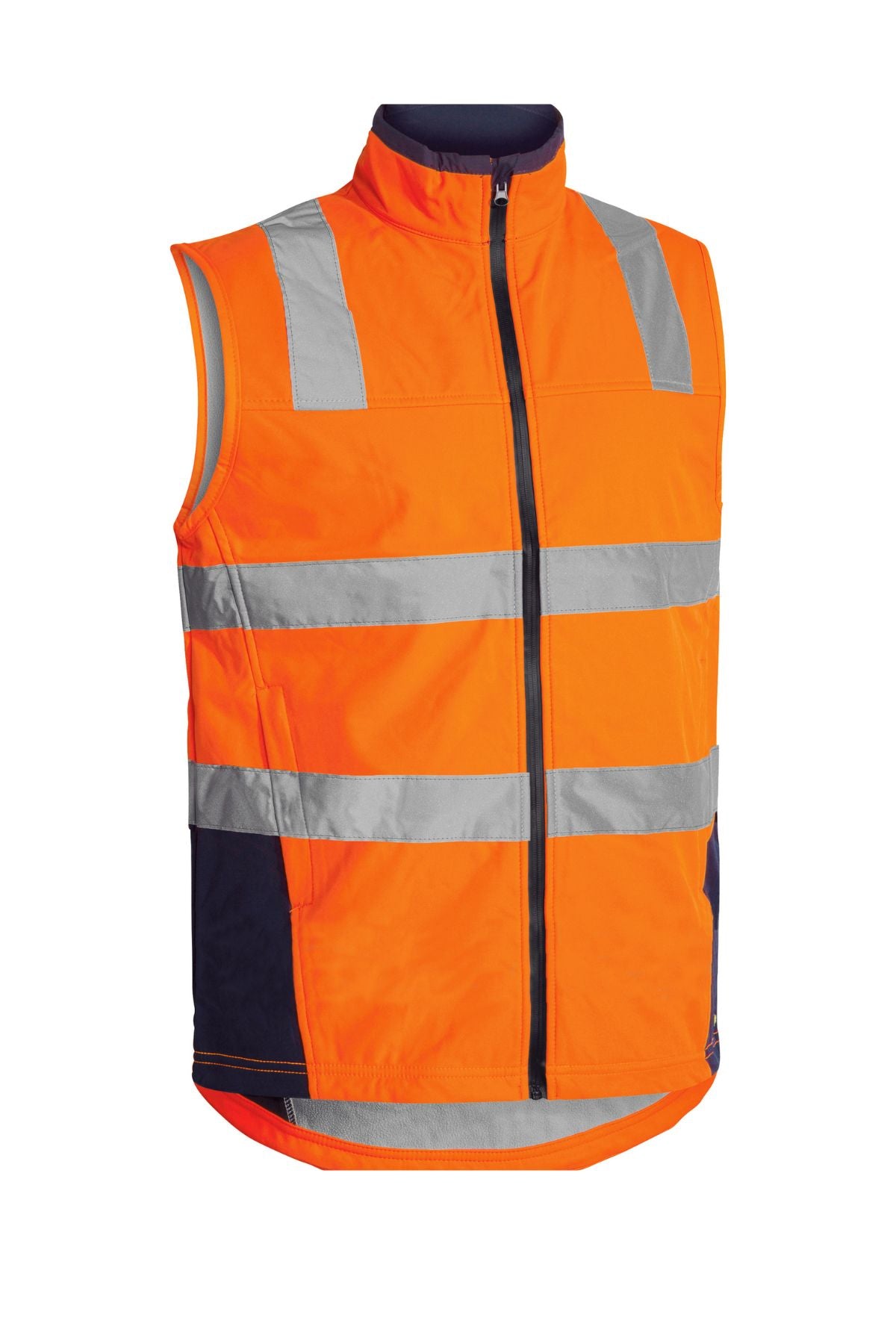 The Bisley Hi Vis Soft Shell Taped Vest in orange features a reflective taped pattern, a high neckline, and a zippered front.