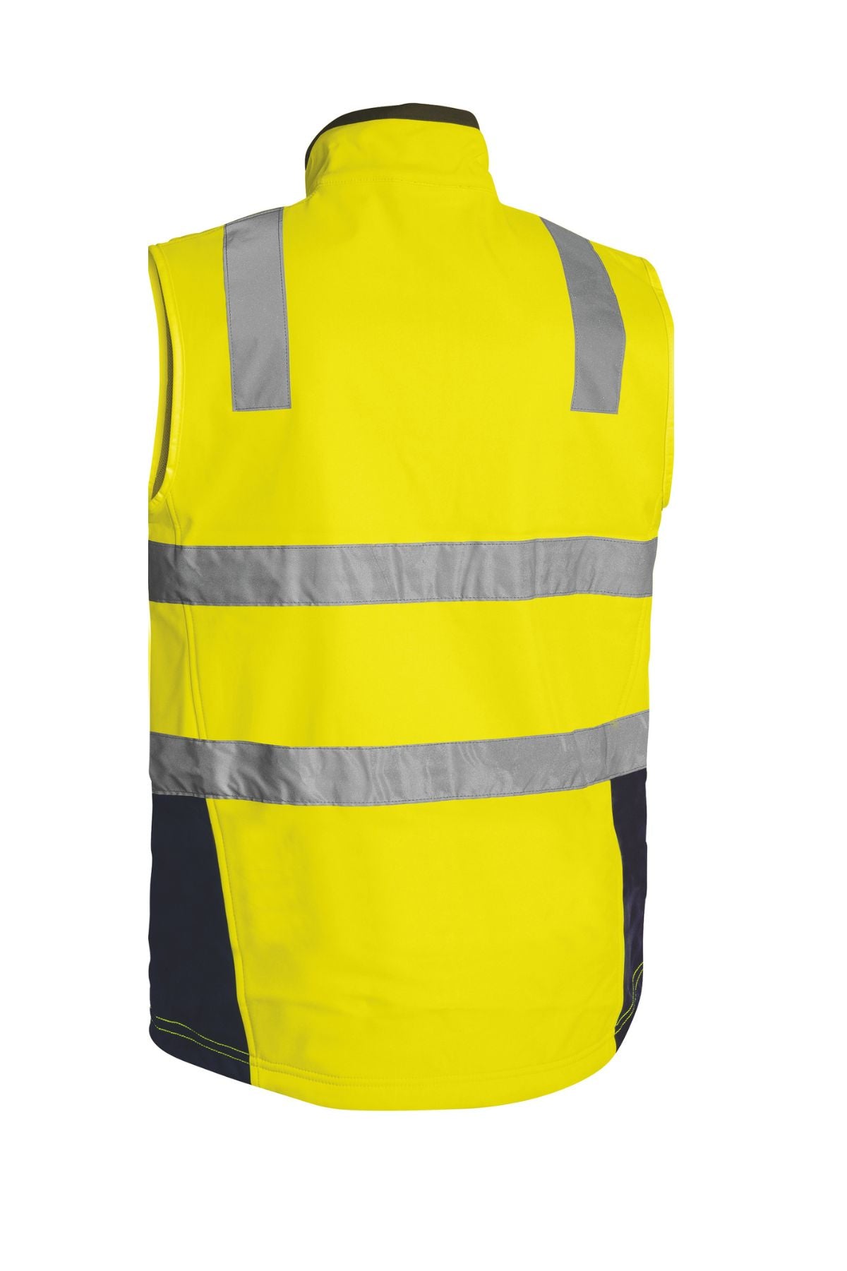 Introducing the Bisley Hi Vis Soft Shell Taped Vest: a sleeveless, high-visibility yellow vest crafted from showerproof fabric, featuring a reflective taped hoop pattern.