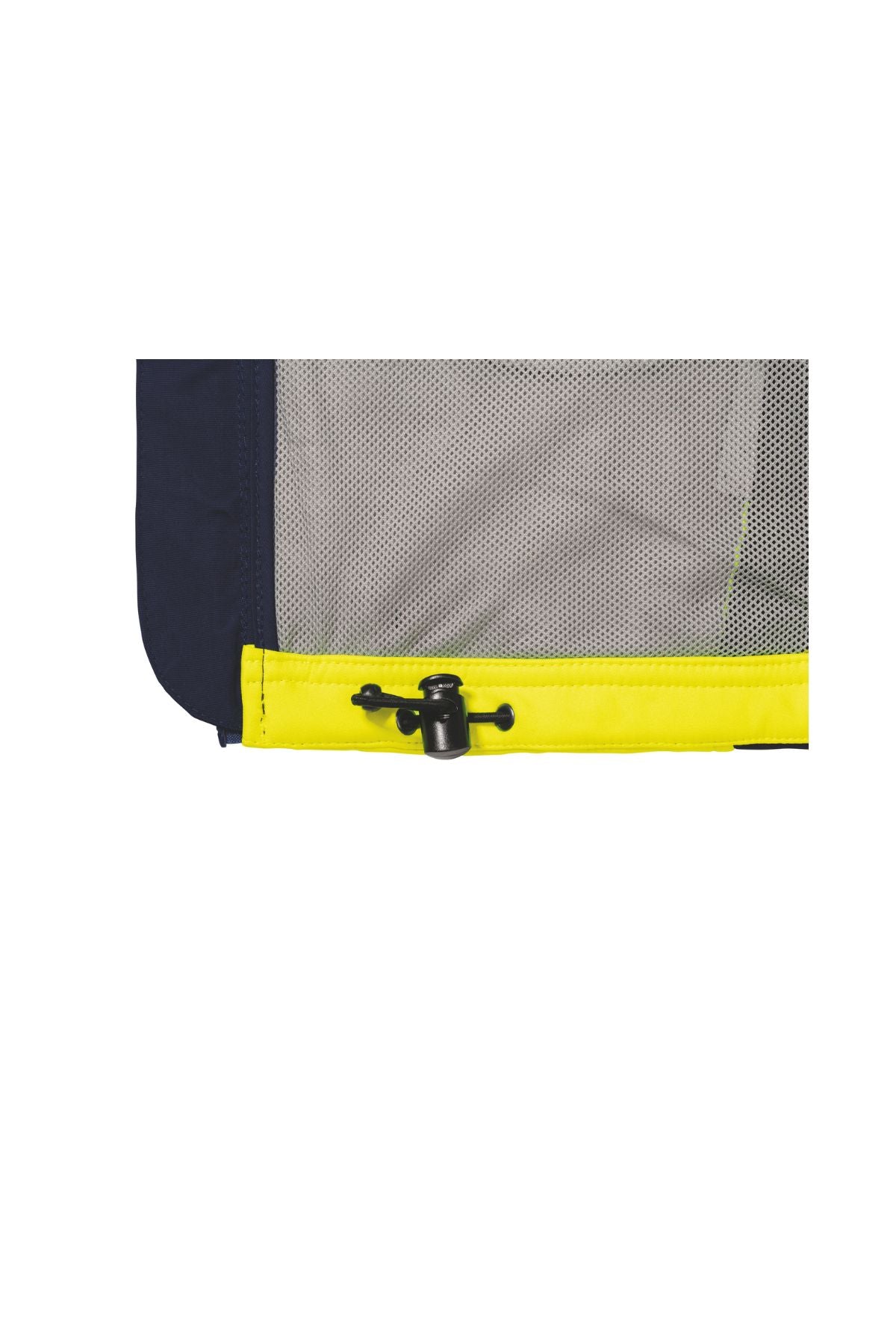 Close-up of the Bisley Hi Vis Soft Shell Taped Vest showcasing its mesh fabric with a vibrant yellow border, similar to a high-visibility vest. A black drawstring equipped with an adjustable toggle runs along the yellow edge, indicating a fastening mechanism. The background is white.