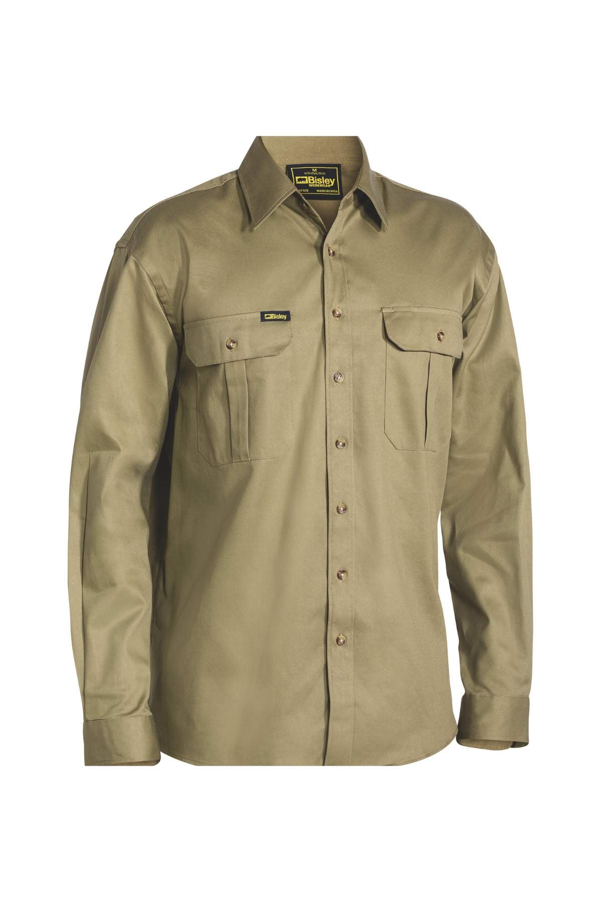 The Bisley Original Cotton Drill Shirt is a khaki long-sleeve button-up work shirt made from durable cotton fiber, featuring two chest pockets with buttoned flaps. It offers excellent sun protection and is designed with a pointed collar, neatly buttoned to the top.