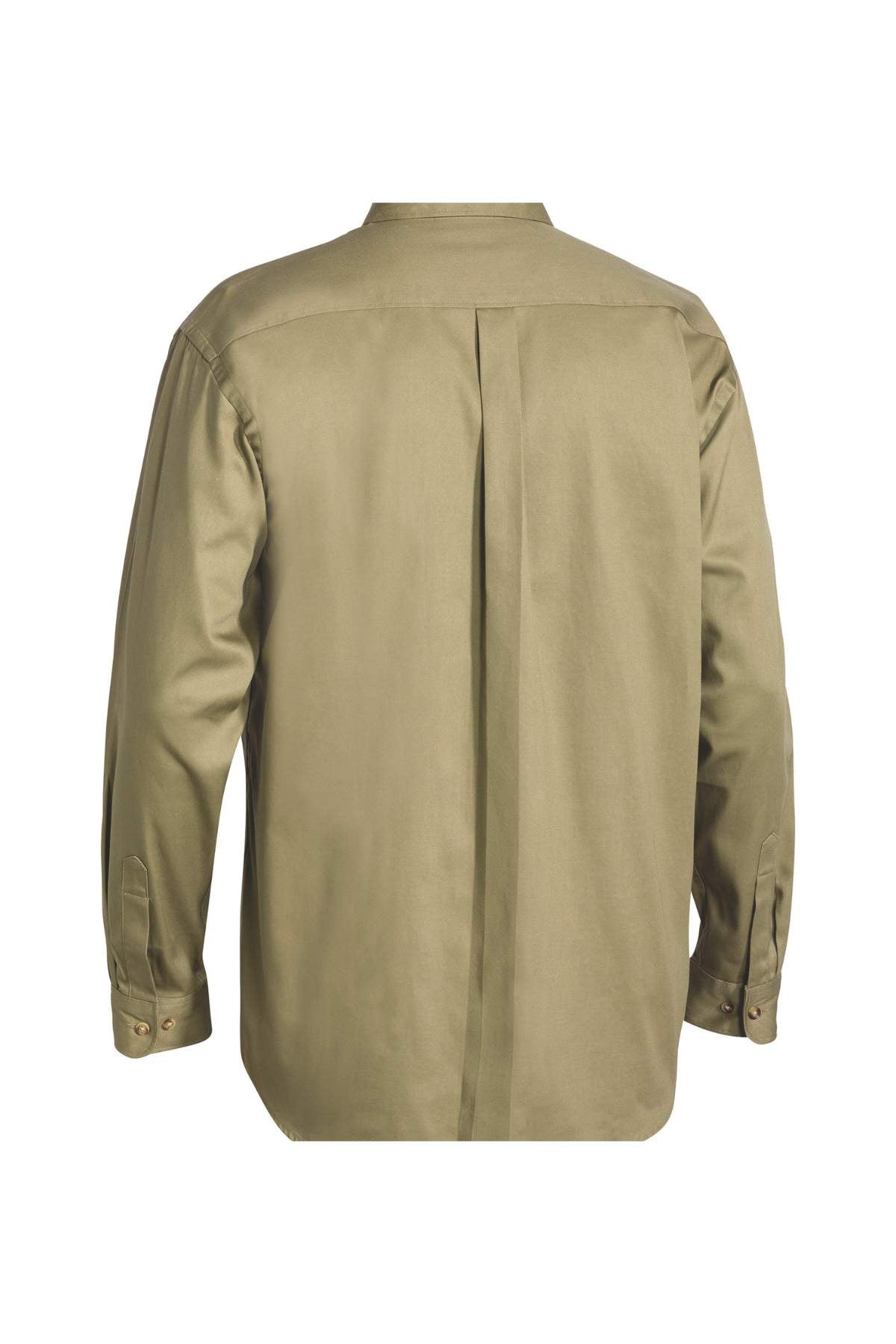 The Bisley Original Cotton Drill Shirt is displayed from the back in a khaki shade, highlighting a central box pleat. Made from cotton fibers, it provides sun protection and includes buttoned cuffs along with a classic collar design.