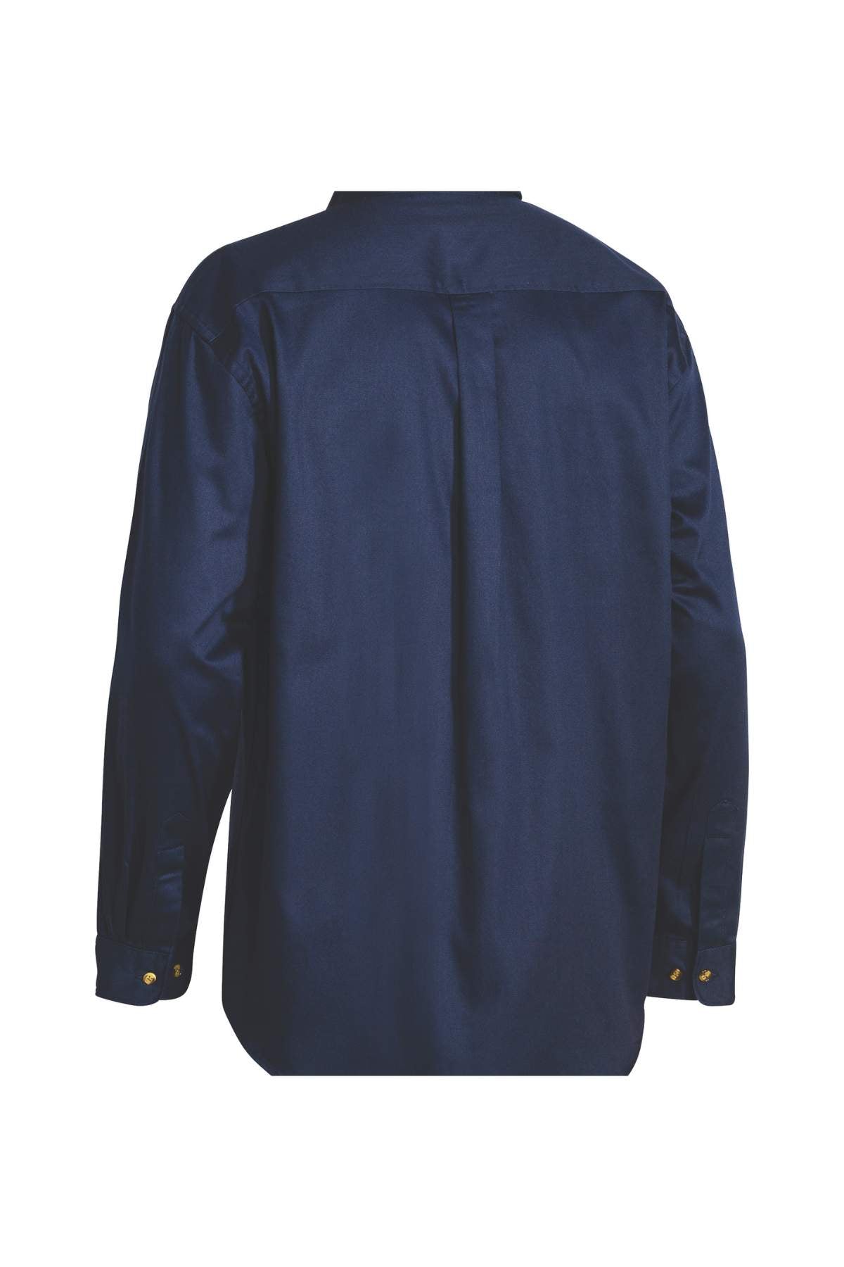 Back view of the Bisley Original Cotton Drill Shirt, a long-sleeved, dark blue work shirt made from cotton, featuring buttoned cuffs, a center pleat, and UPF 50+ protection.