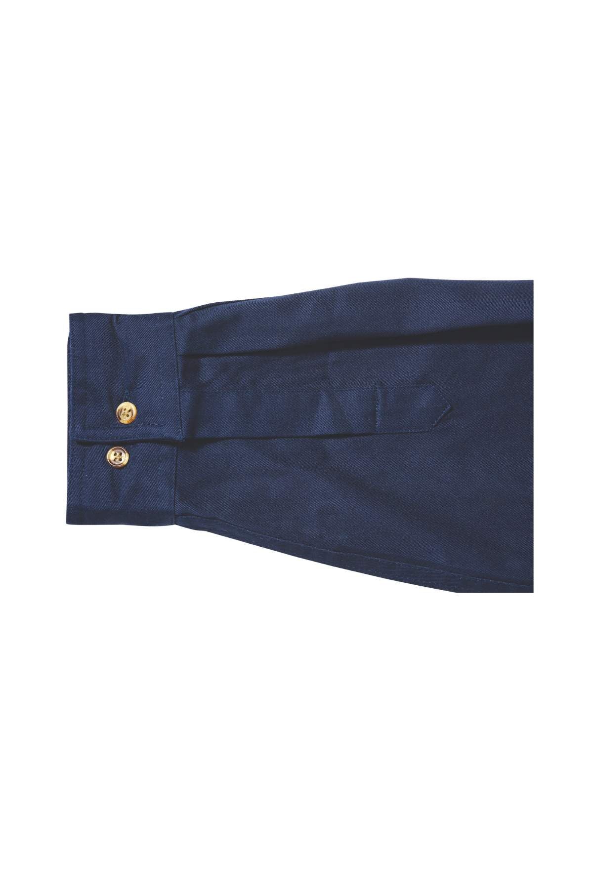 The Bisley Original Cotton Drill Shirt in navy is crafted from comfortable cotton fiber and features two gold-tone buttons on the cuff. Neatly folded with visible pleat detail, this work shirt offers UPF 50+ protection, blending style with practicality.