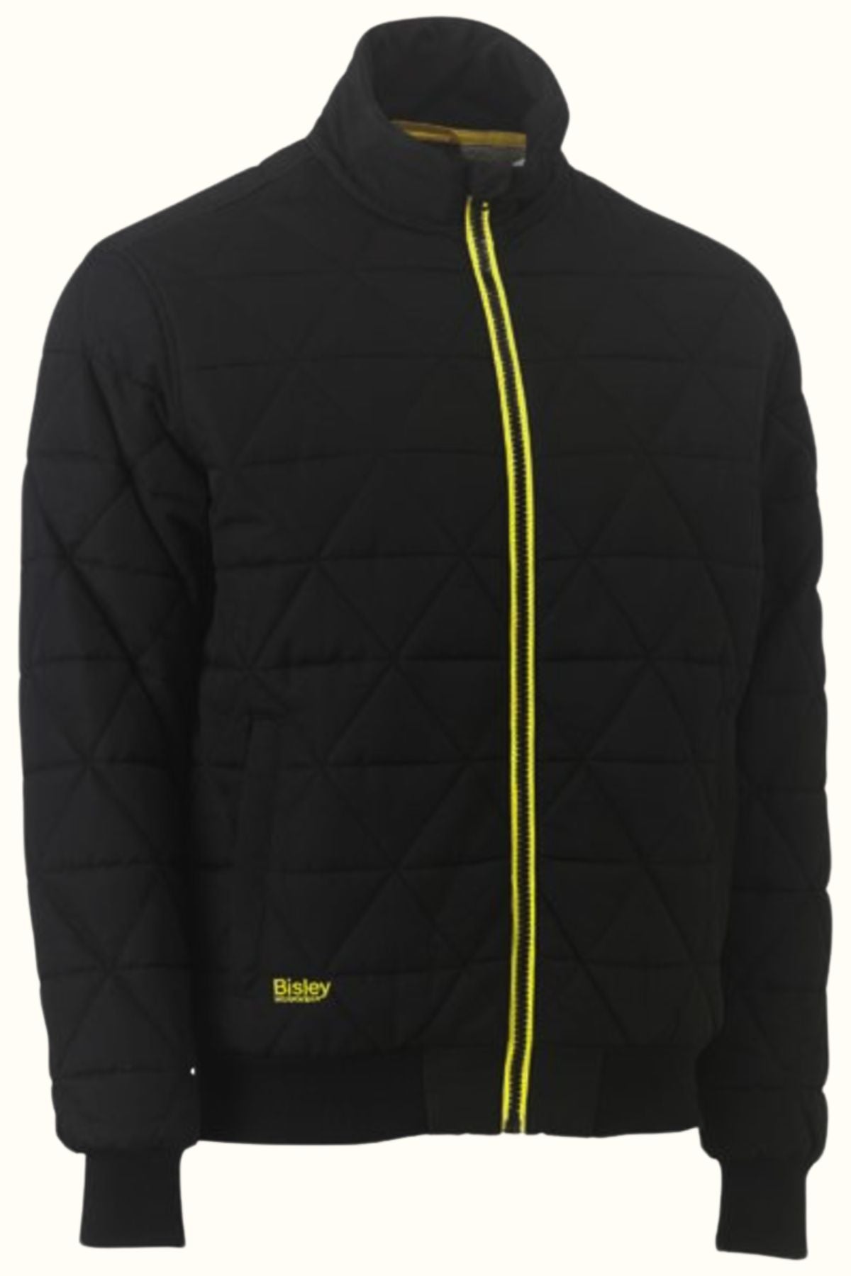 The Bisley Quilted Bomber Jacket features a black design with Sherpa lining, high collar, yellow zipper, ribbed cuffs and hem, and a small yellow "Bisley" logo on the lower left front.