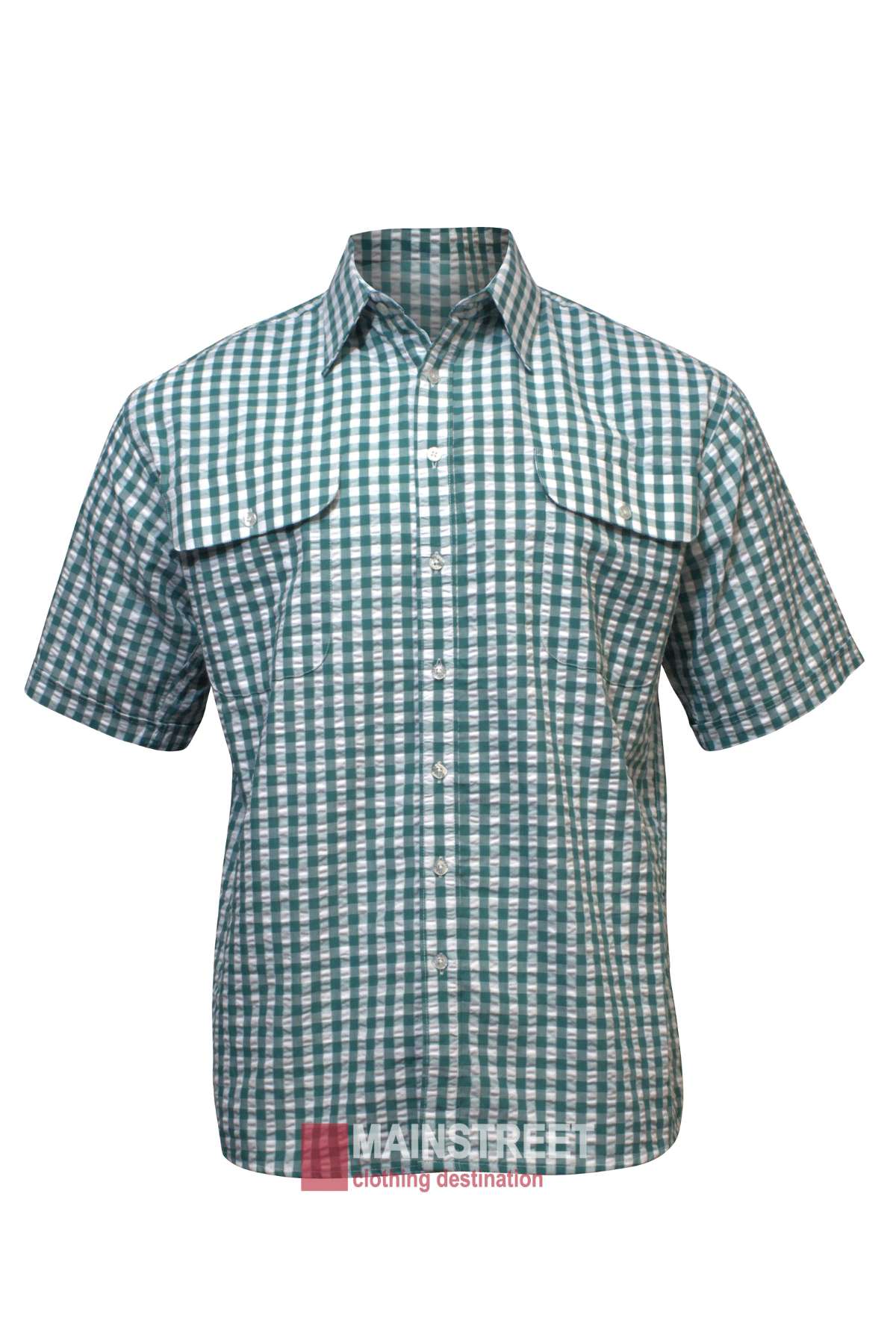 Product Description: The Bisley Countryman Seersucker Short Sleeve Shirt in green and white checkered pattern features two oversized pocket flaps on the chest. Made from a durable Polyester/Cotton blend, it is showcased on a white background with the "MAINSTREET clothing destination" logo at the bottom.
