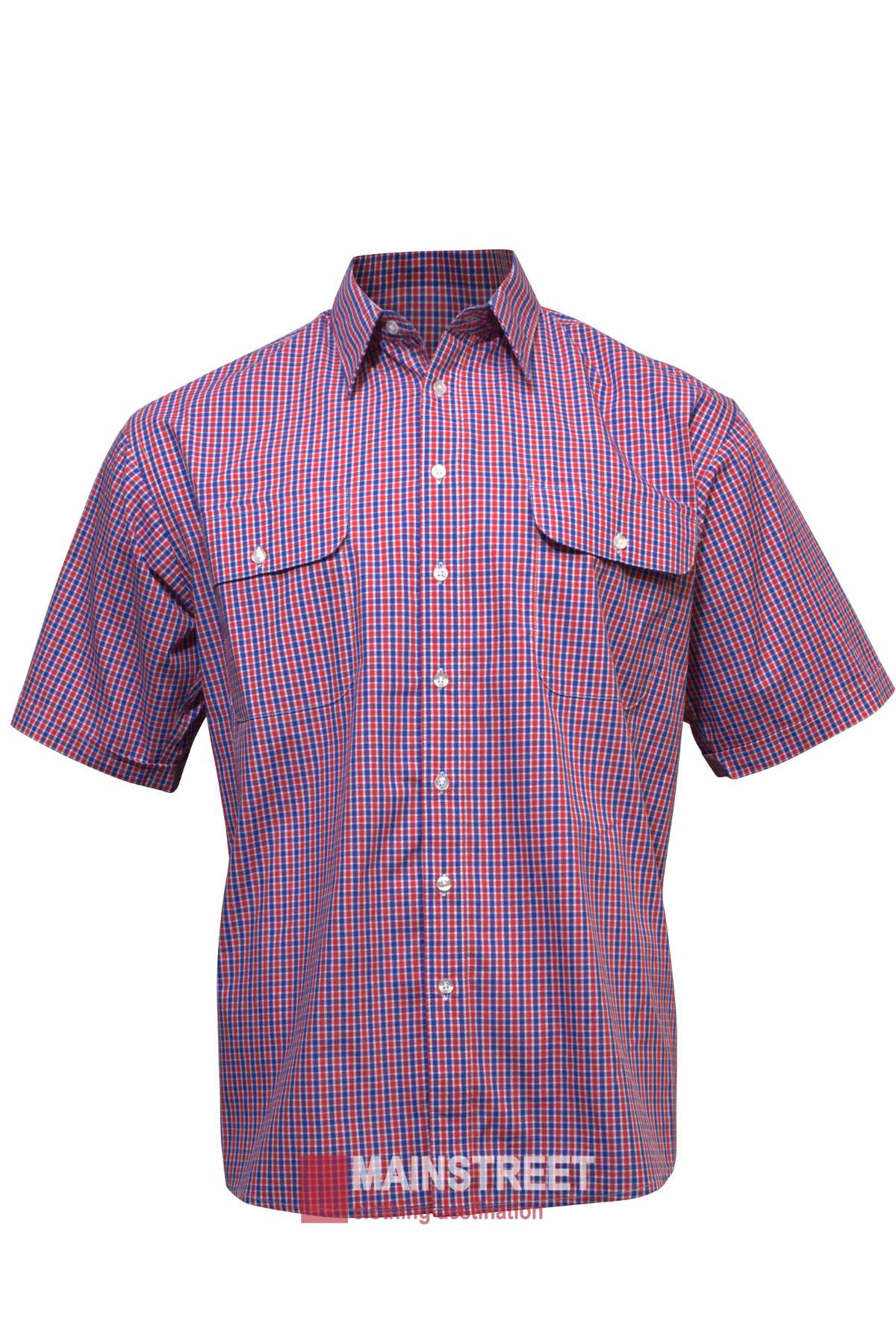 A Bisley Countryman Short Sleeve Shirt with a red and blue checkered pattern displayed on a white cotton background. The shirt features two chest pockets with buttons. The lower part of the image has the text "MAINSTREET" in bold letters.