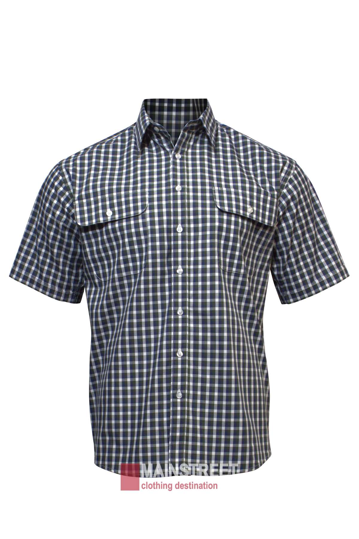 A short-sleeved, button-up Bisley Countryman Short Sleeve Shirt with a blue, white, and green checkered pattern. Made from soft cotton, the shirt features two chest pockets with button closures. The image showcases the "MAINSTREET clothing destination" logo at the bottom.