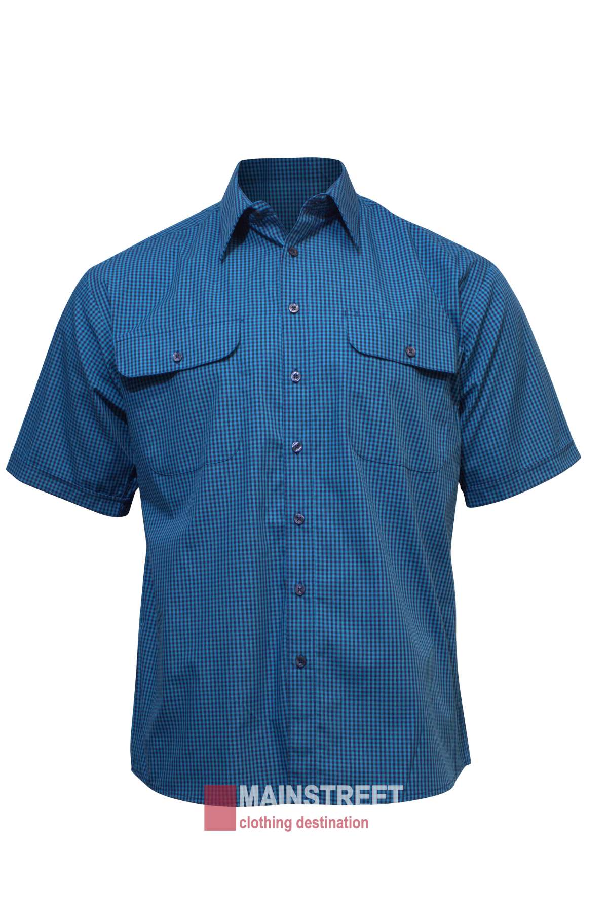 The Bisley Countryman Short Sleeve Shirt in blue boasts a small checkered pattern and two chest pockets. Crafted from soft cotton, it provides both comfort and style. The label at the bottom reads "Mainstreet clothing destination.