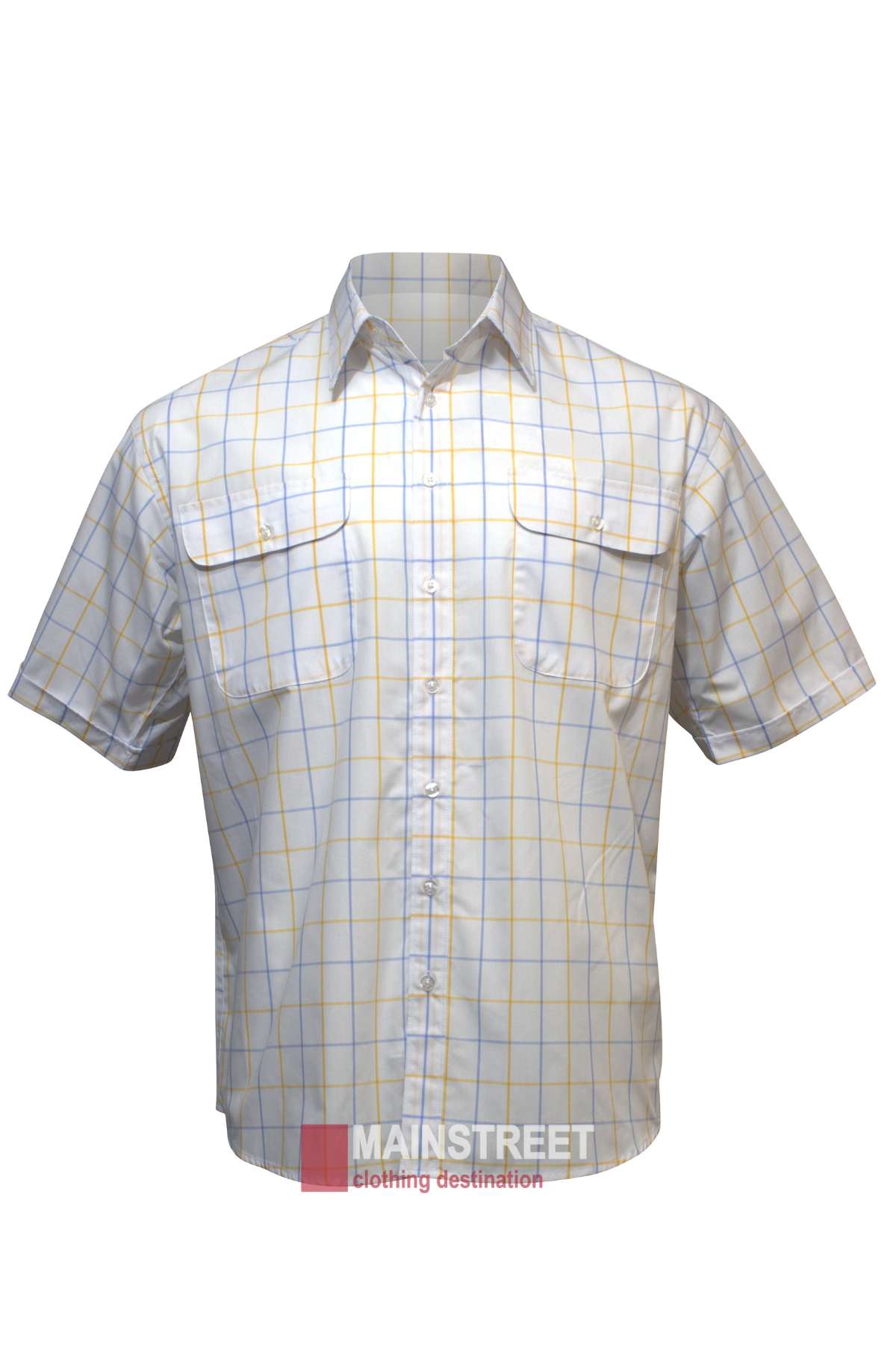 The Bisley Countryman Short Sleeve Shirt showcases a light-colored, cotton, short-sleeve button-up design with a yellow and blue plaid grid pattern. It features two buttoned chest pockets. In the background, the text reads "MANSTREET clothing destination.