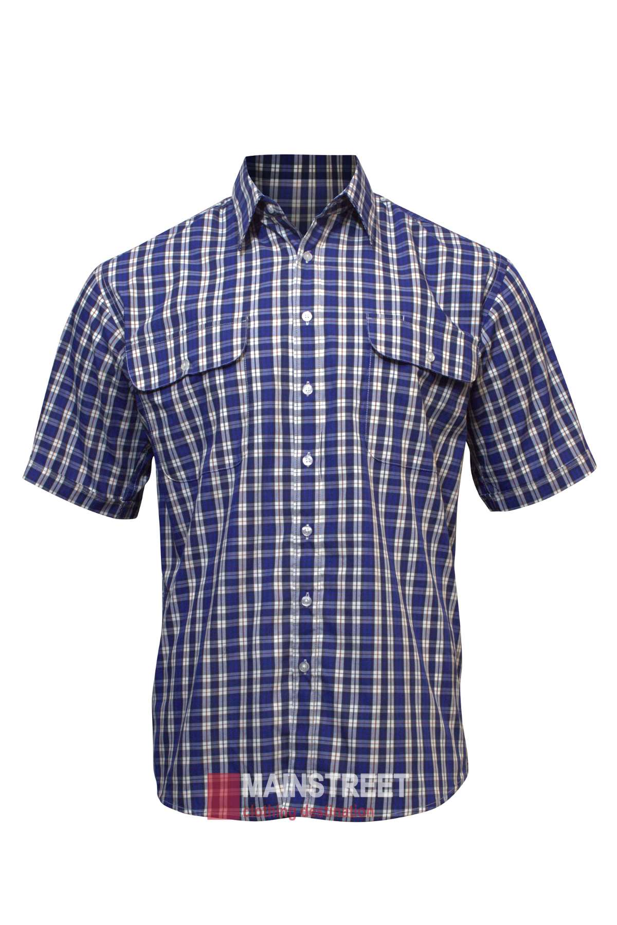 The Bisley Countryman Short Sleeve Shirt showcases a blue, white, and red plaid pattern. Crafted from soft cotton, it includes a collar and two large square front pockets with flaps on the chest. The brand name "Manstreet" is prominently displayed at the bottom.