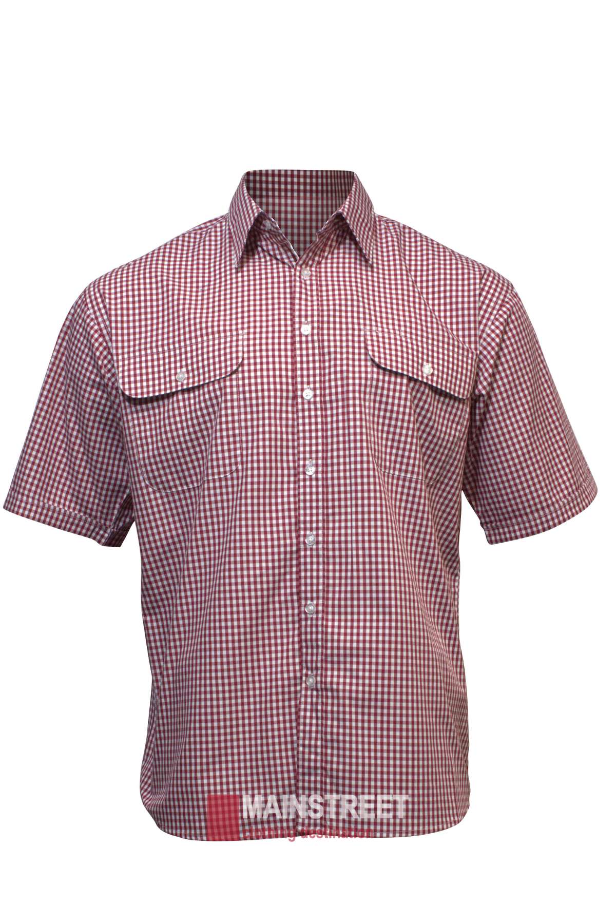 A short-sleeve, button-up cotton shirt with a red and white checkered pattern. The Bisley Countryman Short Sleeve Shirt has a collared neckline and features two front chest pockets, each with a buttoned flap. The shirt is displayed on a white background with "Mainstreet" printed at the bottom.
