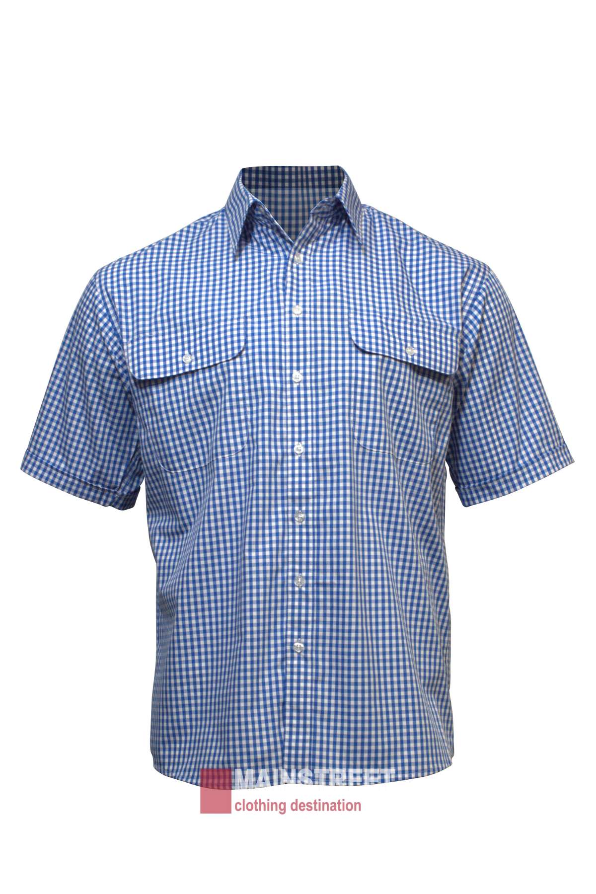 A Bisley Countryman Short Sleeve Shirt with a blue and white gingham pattern features a Polyester/Cotton blend, two chest pockets with button flaps, and a standard collar. The image includes a watermark logo at the bottom reading "MANDARIT clothing destination.