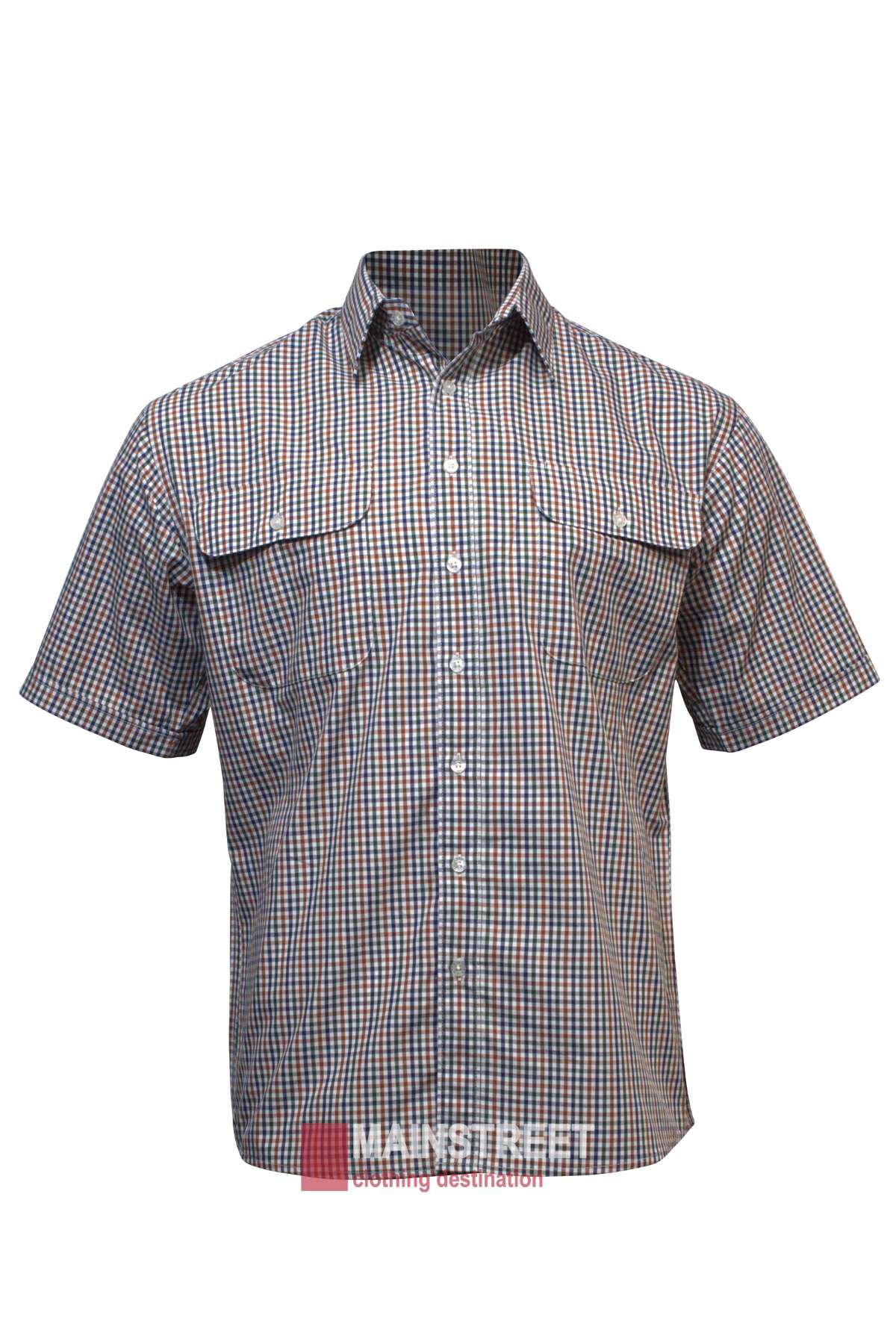 The Bisley Countryman Short Sleeve Shirt is a short-sleeved, button-up shirt featuring a small checkered pattern in blue, red, and white colors. Made from a Polyester/Cotton blend, it includes a collared neckline and two buttoned chest pockets. Text at the bottom reads "MAIN STREET clothing destination.