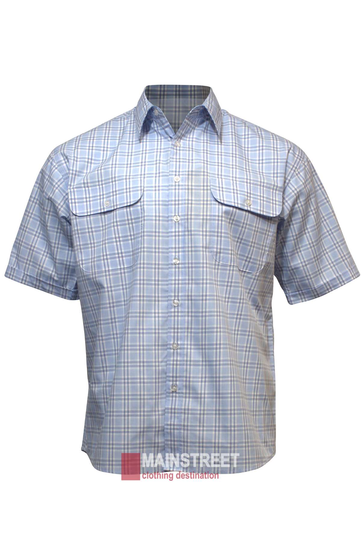 Introducing the Bisley Countryman Short Sleeve Shirt: a short-sleeve, button-up design in a blue and white plaid pattern. Featuring a comfortable Polyester/Cotton blend, it includes a collar and two front chest pockets with flaps. The "Mainstreet Clothing Destination" logo appears at the bottom center of the image.