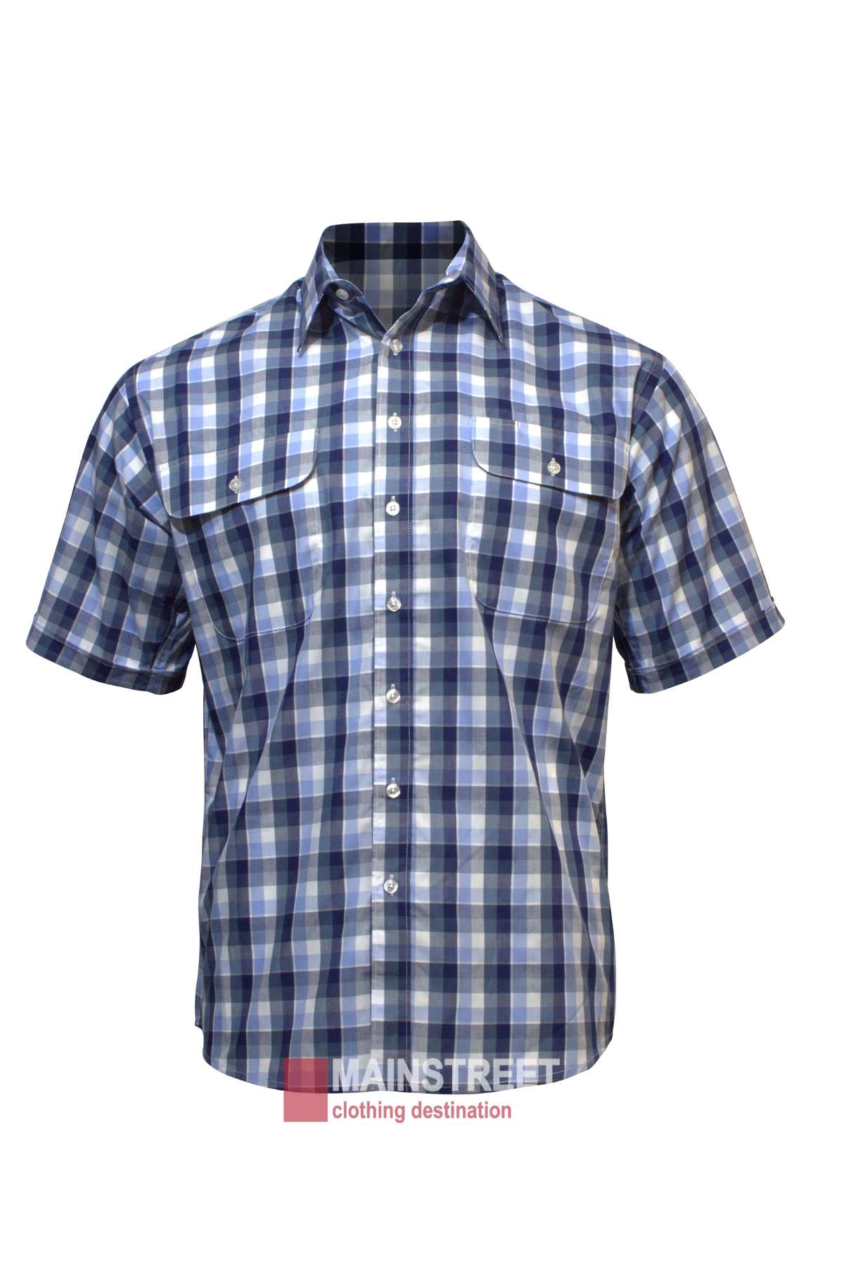 The Bisley Countryman Short Sleeve Shirt, crafted from breathable cotton, boasts a blue, white, and black checkered pattern. Featuring two chest pockets with buttoned flaps, it is accentuated by the Mainstreet logo and "clothing destination" text at the bottom.