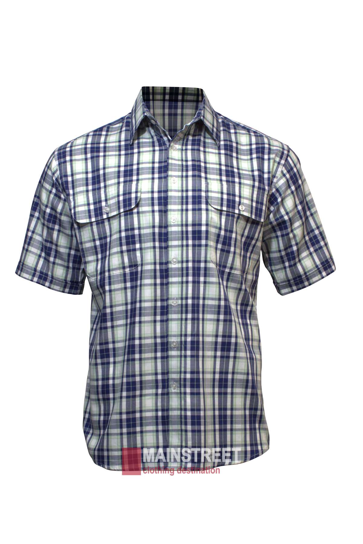 The Bisley Countryman Cotton Short Sleeve Shirt is a short-sleeved, button-up shirt with a plaid pattern featuring shades of blue, green, and white. Made from 100% cotton, it includes two buttoned chest pockets with flaps. The Mainstreet Clothing Destination label is visible at the bottom of the image.