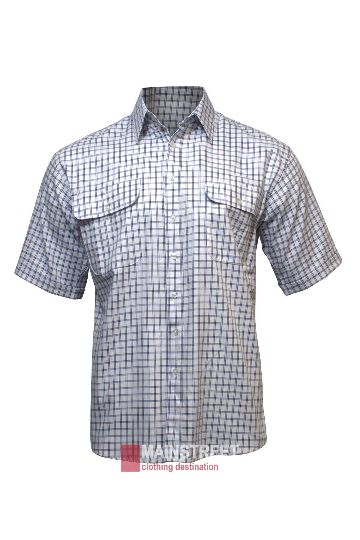 The Bisley Countryman Cotton Short Sleeve Shirt boasts a blue and white plaid pattern, featuring a comfortable design with two chest pockets with flaps. It is showcased on a plain white background and subtly branded at the bottom.