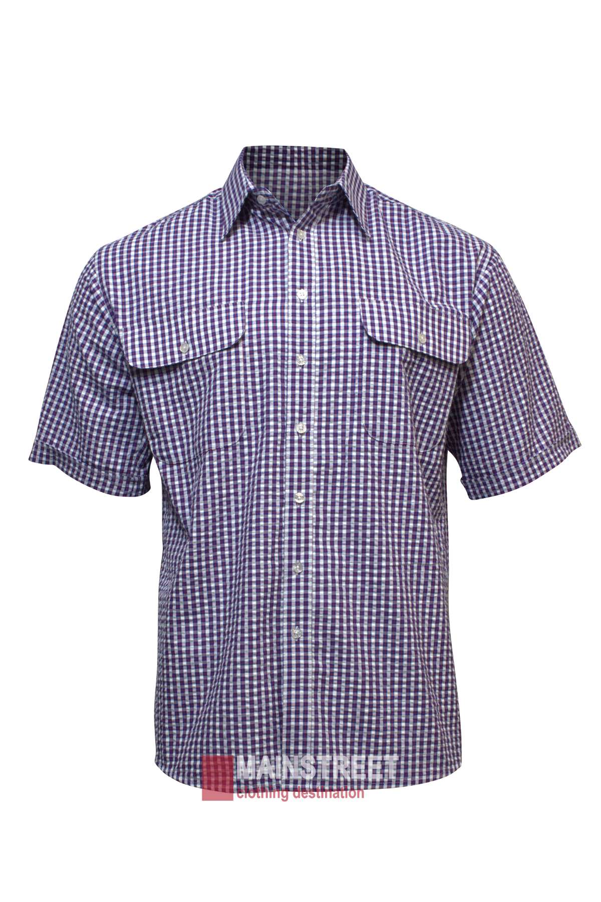 The Bisley Countryman Seersucker Short Sleeve Shirt is a button-up with a purple and white checkered pattern. Made from a durable polyester/cotton blend, it features two front chest pockets with flaps and a collar. The text "Mainstreet Clothing Destination" is visible at the bottom.