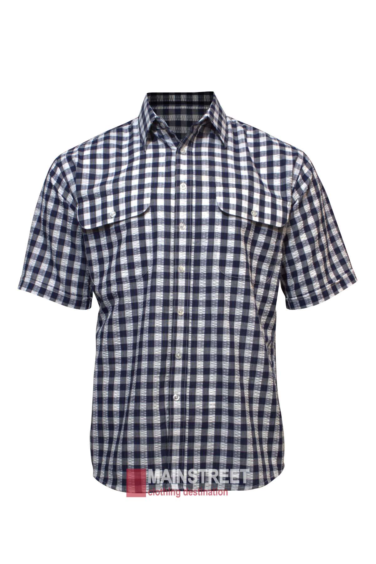 A blue and white checkered Bisley Countryman Seersucker Short Sleeve Shirt, featuring two front chest pockets, is displayed on a white background. The text "MANSTREET clothing destination" is visible at the bottom of the image. This polyester/cotton blend shirt combines style with comfort.