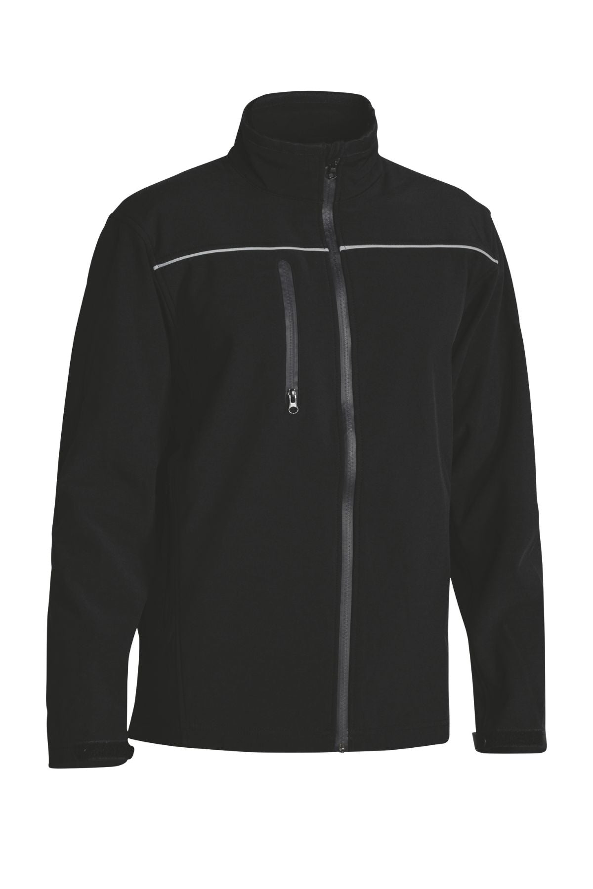 The Bisley Soft Shell Jacket is a black, showerproof jacket designed with functionality in mind. It comes with a high collar and front zipper, includes a vertical zippered chest pocket for convenience, and features reflective piping for added safety. The jacket also has a horizontal accent line across the chest, giving it a sleek appearance.
