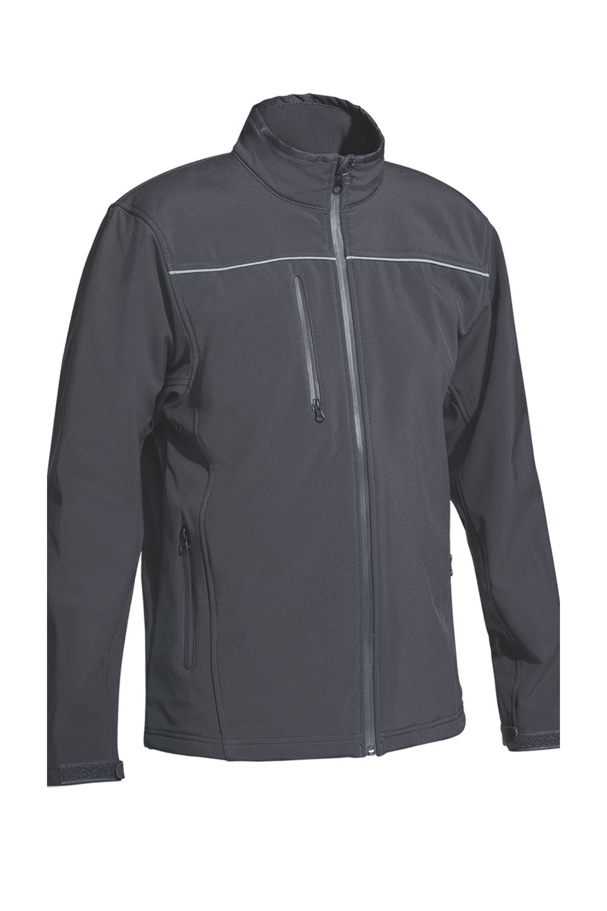 The Bisley Soft Shell Jacket is a black zip-up jacket with a high collar and several zippered pockets on the front. It features subtle reflective piping accents on the chest and wrists to improve visibility, making it ideal for unexpected rain with its showerproof design that balances style and functionality.