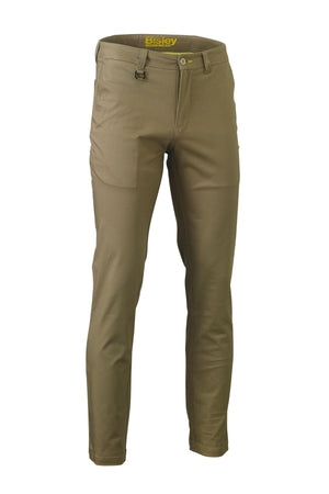 A pair of olive-green Bisley Stretch Cotton Drill Work Pants with belt loops, front pockets, and a button closure, shown against a white background.