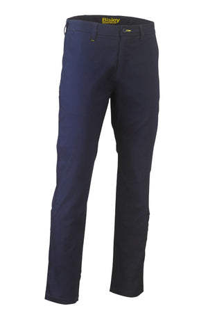 The Bisley Stretch Cotton Drill Work Pant in navy features straight legs, stretch fabric, a zipper fly, subtle stitching, UPF 50+ protection, and a small yellow "Bisley" logo inside the waistband.