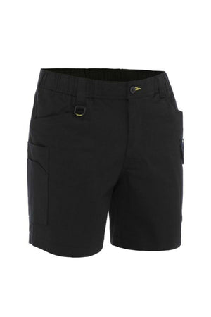 The Bisley Stretch Cotton Elastic Waist Cargo Short features front and side pockets, an elastic waist, belt loops, button and zip closure, a front D-ring detail, and antimicrobial treatment. Shown against a white background.