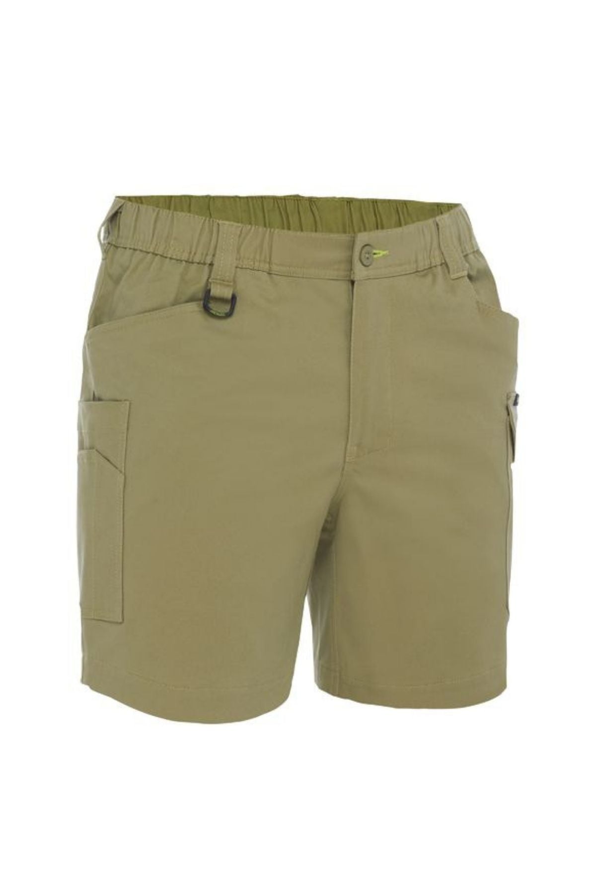 The Bisley Stretch Cotton Elastic Waist Cargo Short features a khaki stretch cotton fabric, elastic waistband, front button closure, belt loops, side and right zippered pockets, plus antimicrobial treatment—ideal for outdoor activities.