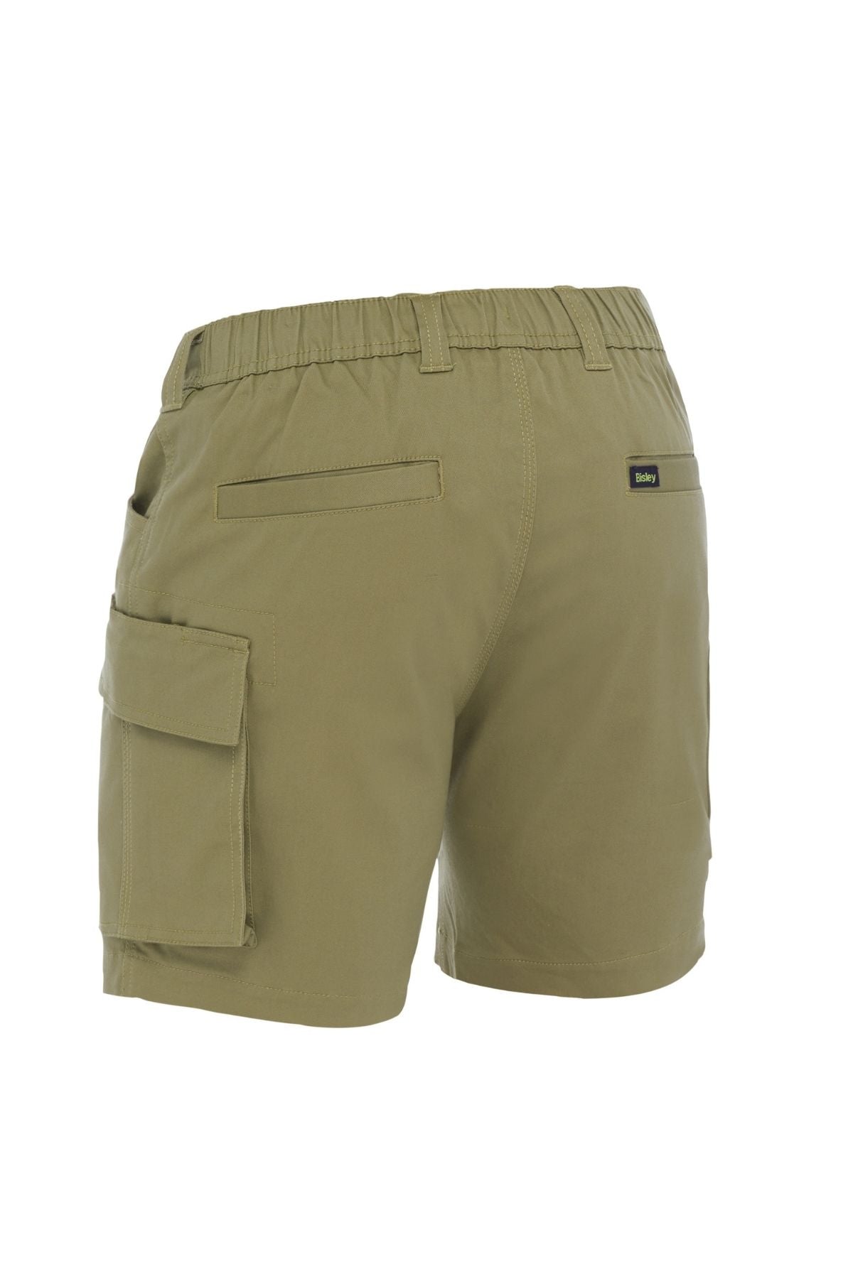 The Bisley Stretch Cotton Elastic Waist Cargo Short in khaki green features a stretch cotton design, an elastic waist, a flap side pocket, and two back welt pockets, shown from the back.