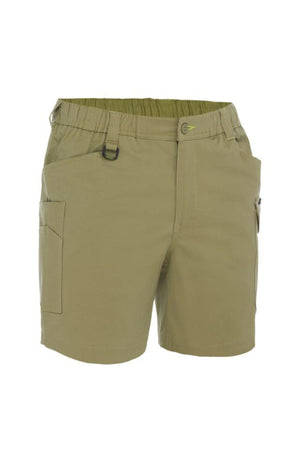 The Bisley Stretch Cotton Elastic Waist Cargo Short features a khaki stretch cotton fabric, elastic waistband, front button closure, belt loops, side and right zippered pockets, plus antimicrobial treatment—ideal for outdoor activities.