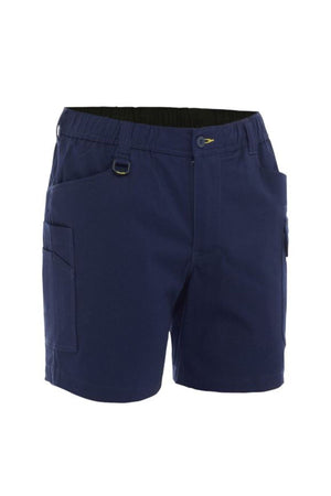 The Bisley Stretch Cotton Elastic Waist Cargo Short in navy features a button and zipper closure, belt loops, elastic waist, side pockets, and a right leg flap pocket, shown on a white background.
