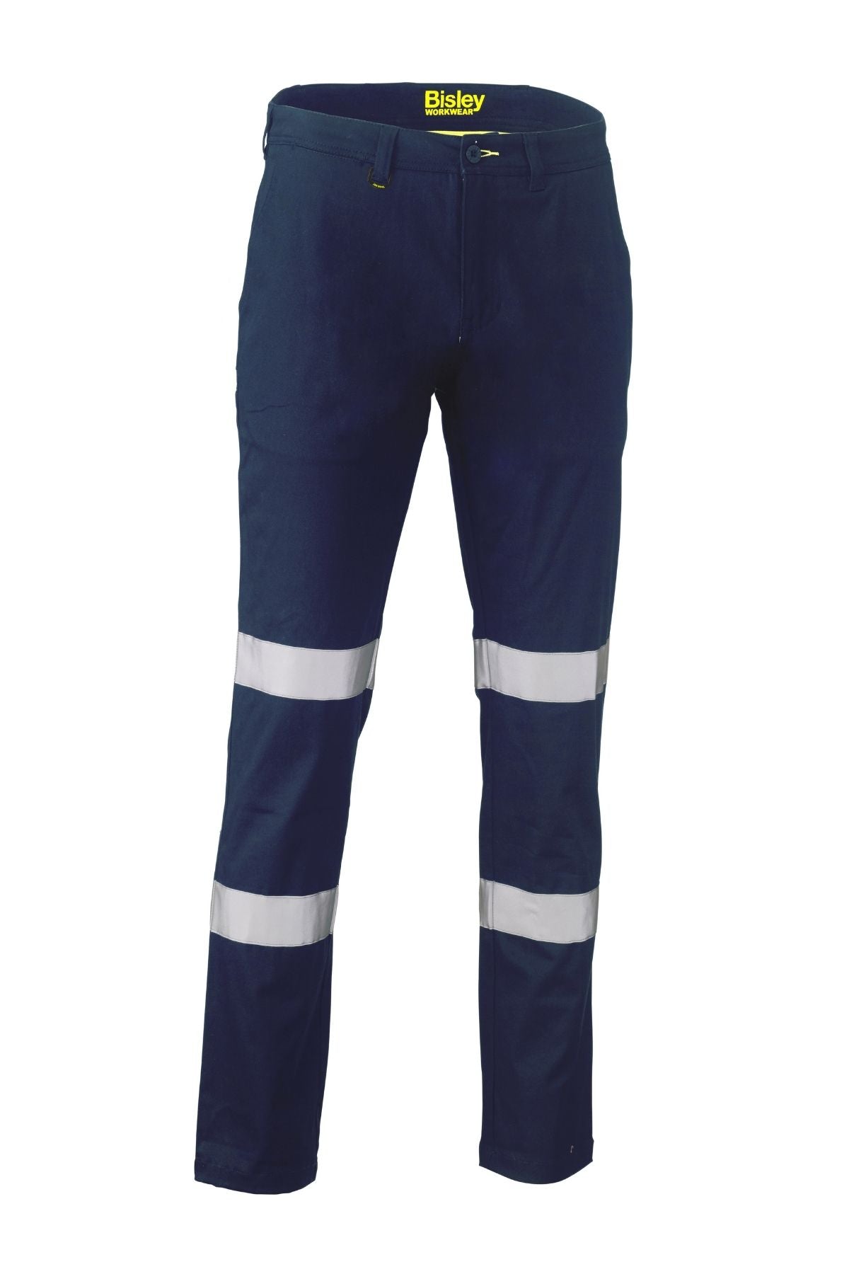 The Bisley Taped Biomotion Stretch Cotton Pant in navy features two horizontal reflective stripes per leg, front pockets, a zip fly, and UPF 50+ protection for safety and comfort. Shown on a white background.