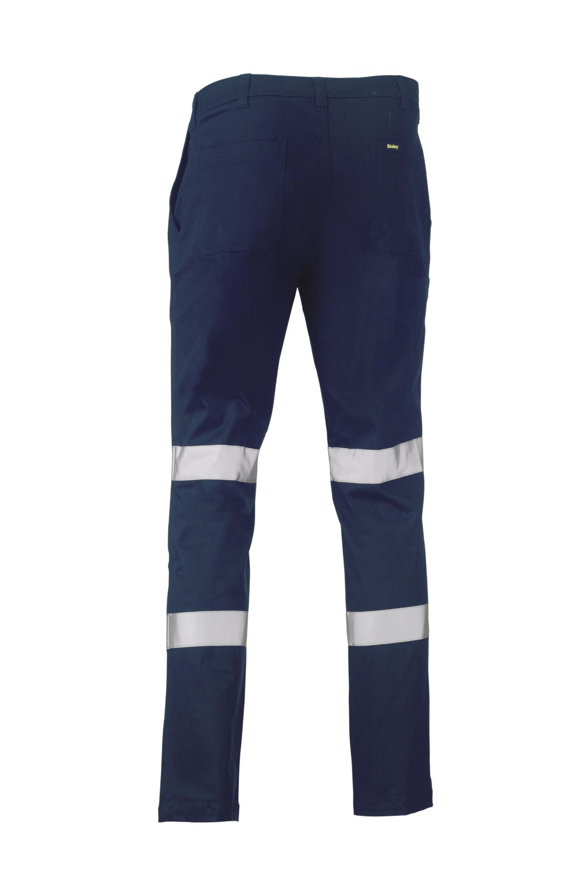 The Bisley Taped Biomotion Stretch Cotton Pant in navy blue is shown from the back, showcasing two reflective silver stripes on each lower leg, back pockets, and UPF 50+ sun protection for enhanced safety and comfort.