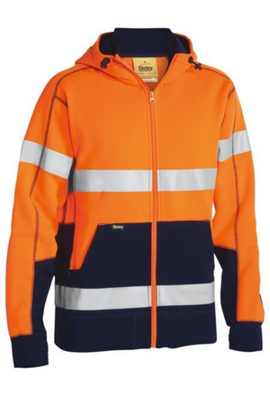 Stay safe and comfortable with the Bisley Taped Hi Vis Fleece Hoodie—an orange zip-up hi vis jacket with reflective hoop, silver stripes, navy sleeves and hem, front pockets, and a drawstring hood for added style.