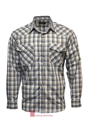 The Bisley Western Shirt is a long-sleeve, button-up with a white, navy blue, and yellow plaid pattern, two chest pockets, and a classic collar.