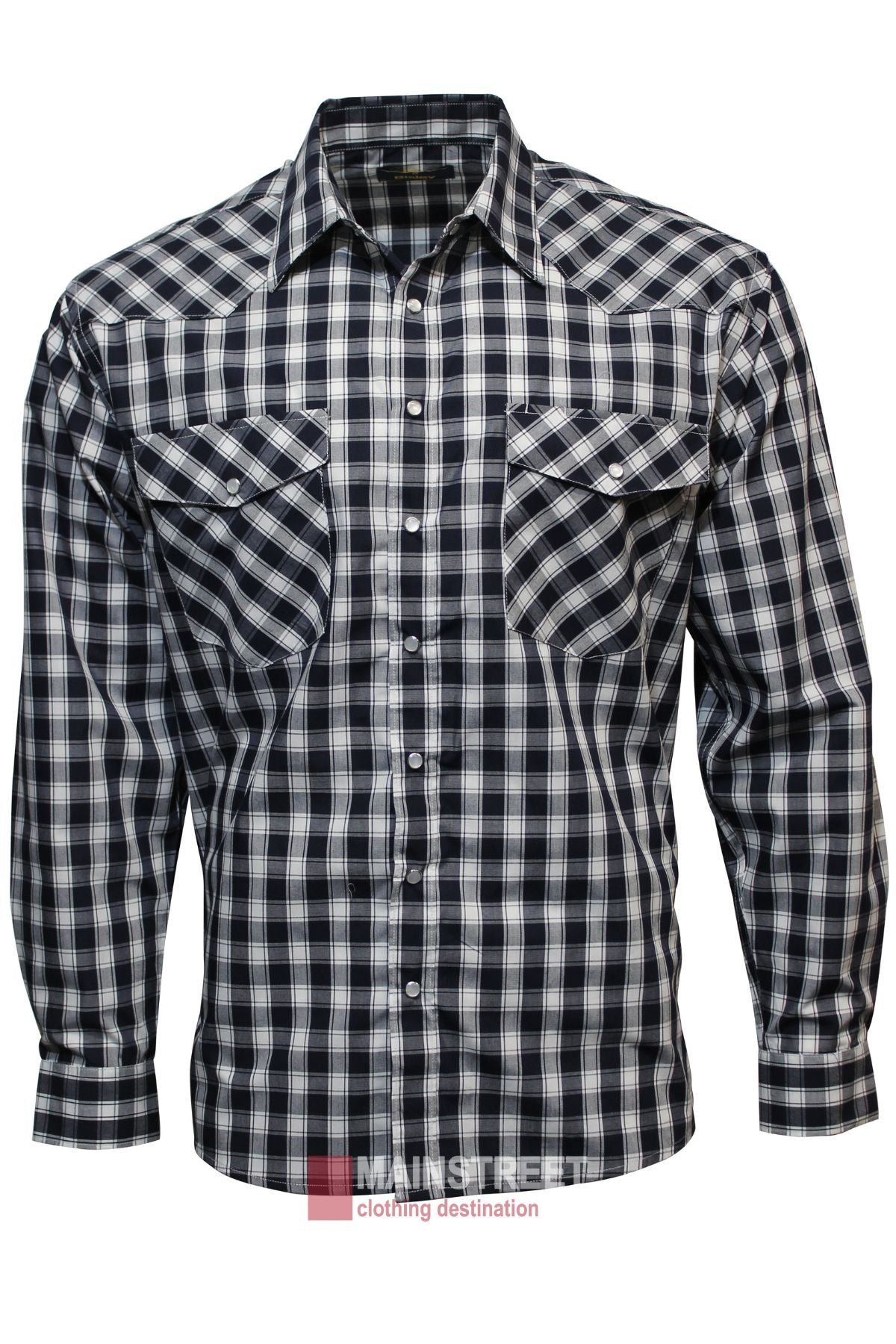 The Bisley Western Shirt is a long-sleeve, button-up style in black, white, and gray plaid. Made from a durable polyester/cotton blend, it has two chest pockets with flaps and is shown on a white background.