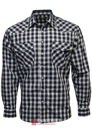 The Bisley Western Shirt is a long-sleeve, button-up style in black, white, and gray plaid. Made from a durable polyester/cotton blend, it has two chest pockets with flaps and is shown on a white background.