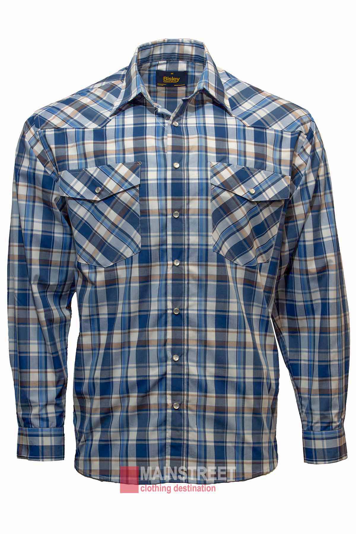 The Bisley Western Shirt is a long-sleeved button-up in a durable polyester/cotton blend with blue, white, and brown plaid, two chest pockets with button flaps, and a pointed collar.