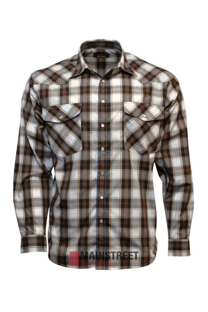 The Bisley Western Shirt is a long-sleeve, button-up shirt in brown, black, and white plaid with two chest pockets featuring button flaps, made from a durable polyester/cotton blend.