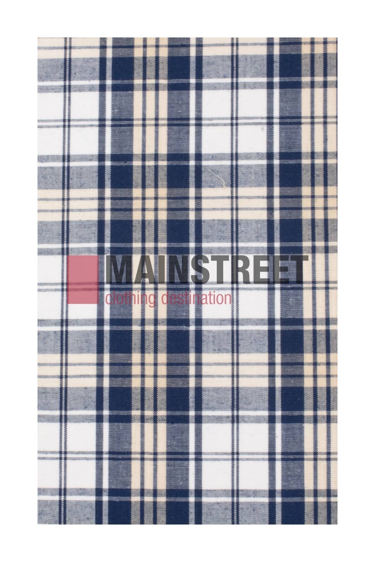 A square piece of plaid fabric in navy, beige, and white showcases the words "Mainstreet, clothing destination" in black and red, reminiscent of a Bisley Western Shirt with buttoned chest pockets.