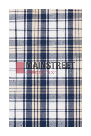 A square piece of plaid fabric in navy, beige, and white showcases the words "Mainstreet, clothing destination" in black and red, reminiscent of a Bisley Western Shirt with buttoned chest pockets.