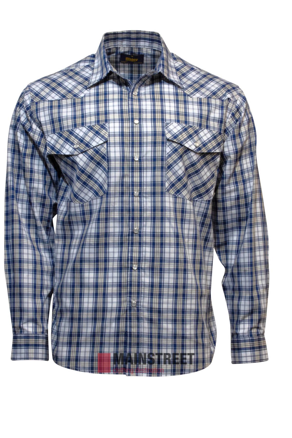 The Bisley Western Shirt is a long-sleeve, button-up shirt made from a polyester/cotton blend, featuring a blue and white checkered pattern and two buttoned chest pockets with flaps.