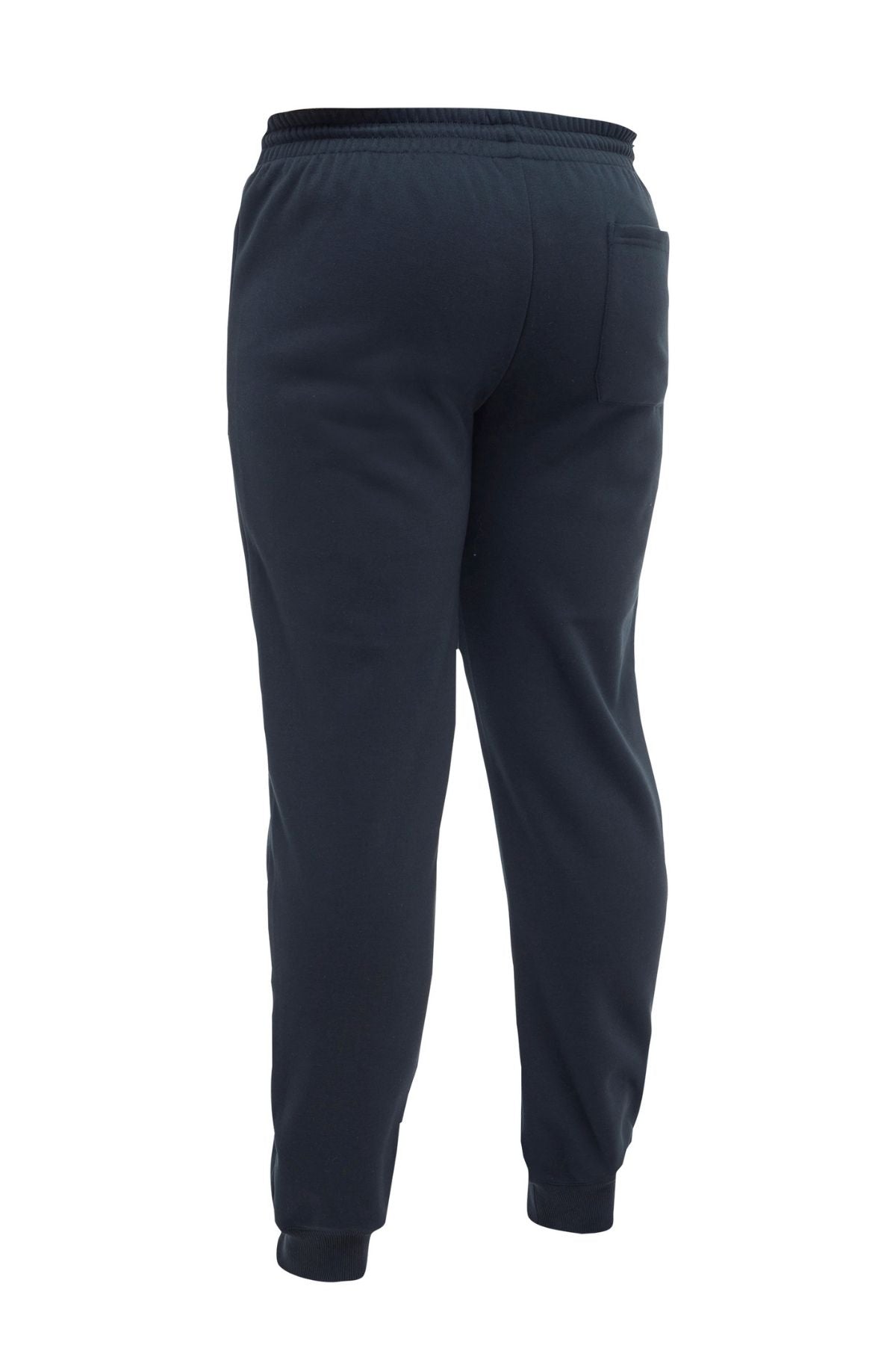 The Bisley Work Fleece Trackpant in navy blue is shown from the back, featuring an elastic waistband, right-side back pocket, and elastic ankle cuffs.