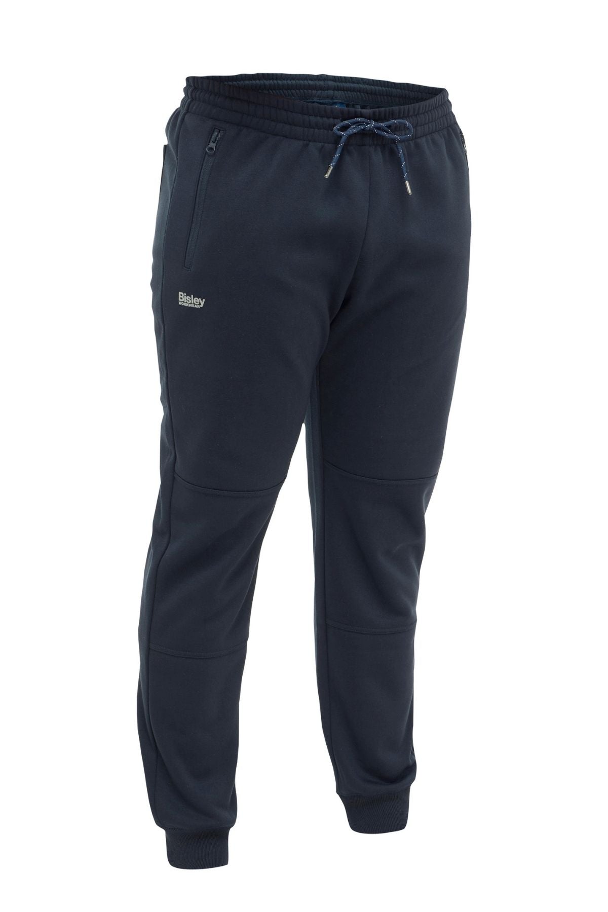 The Bisley Work Fleece Trackpant in navy features elastic cuffs, a drawstring waistband, zippered side pockets, and a small "Bisley" logo on the left thigh, shown against a white background.