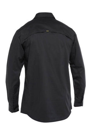 The Bisley X Airflow Stretch Ripstop Shirt is shown from the back in black, with long sleeves, buttoned cuffs, and a subtle upper back vent for enhanced airflow ventilation.