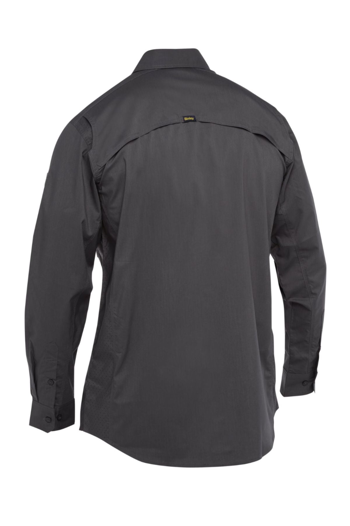 A long-sleeved dark gray Bisley X Airflow Stretch Ripstop Shirt is shown from the back, featuring a vented upper back panel and a small black tag below the collar.